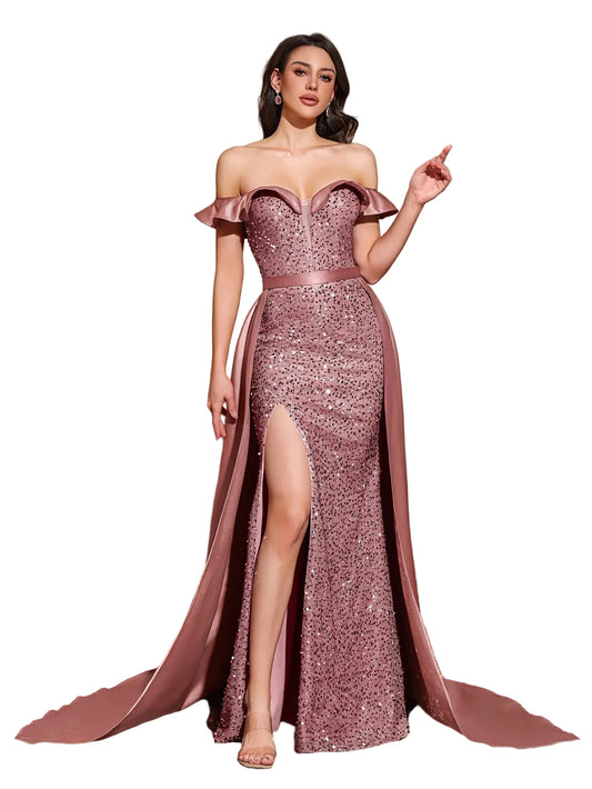 Sequined Off-Shoulder Gown