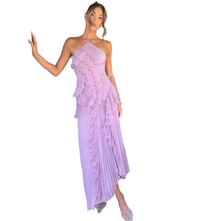 Pleated Halter Neck Ruffle Maxi Dress