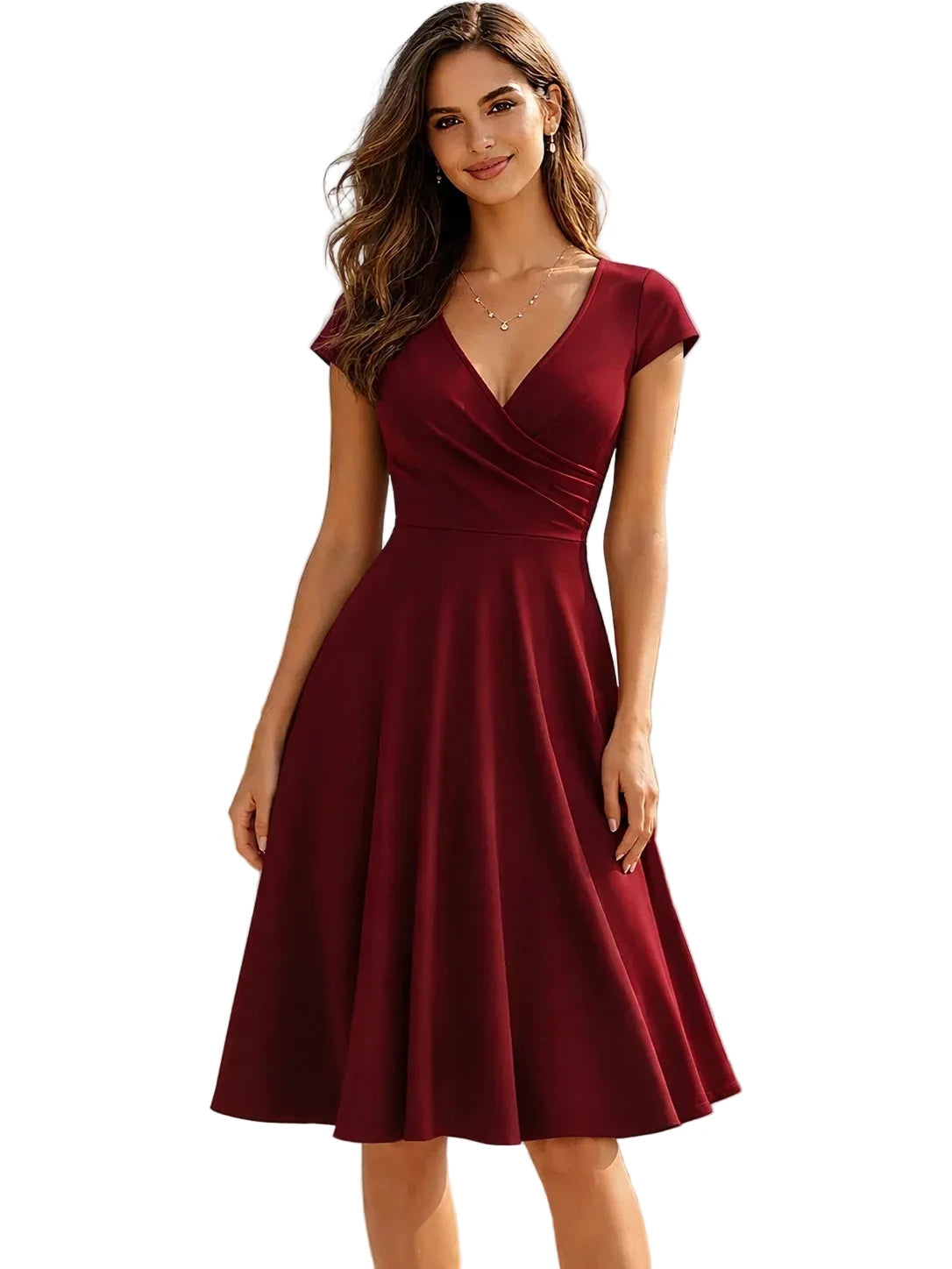 Burgundy V-Neck Wrap A-Line Midi Dress