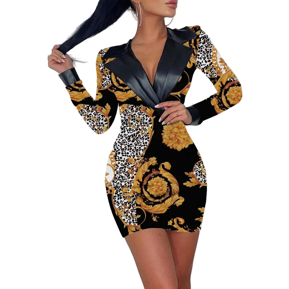 Notched Collar Long Sleeve Bodycon Dress