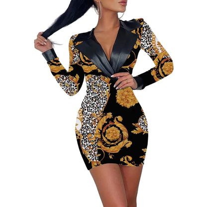 Notched Collar Long Sleeve Bodycon Dress