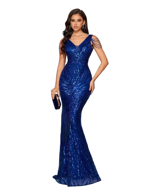 V-Neck Sequin Mermaid Evening Dress
