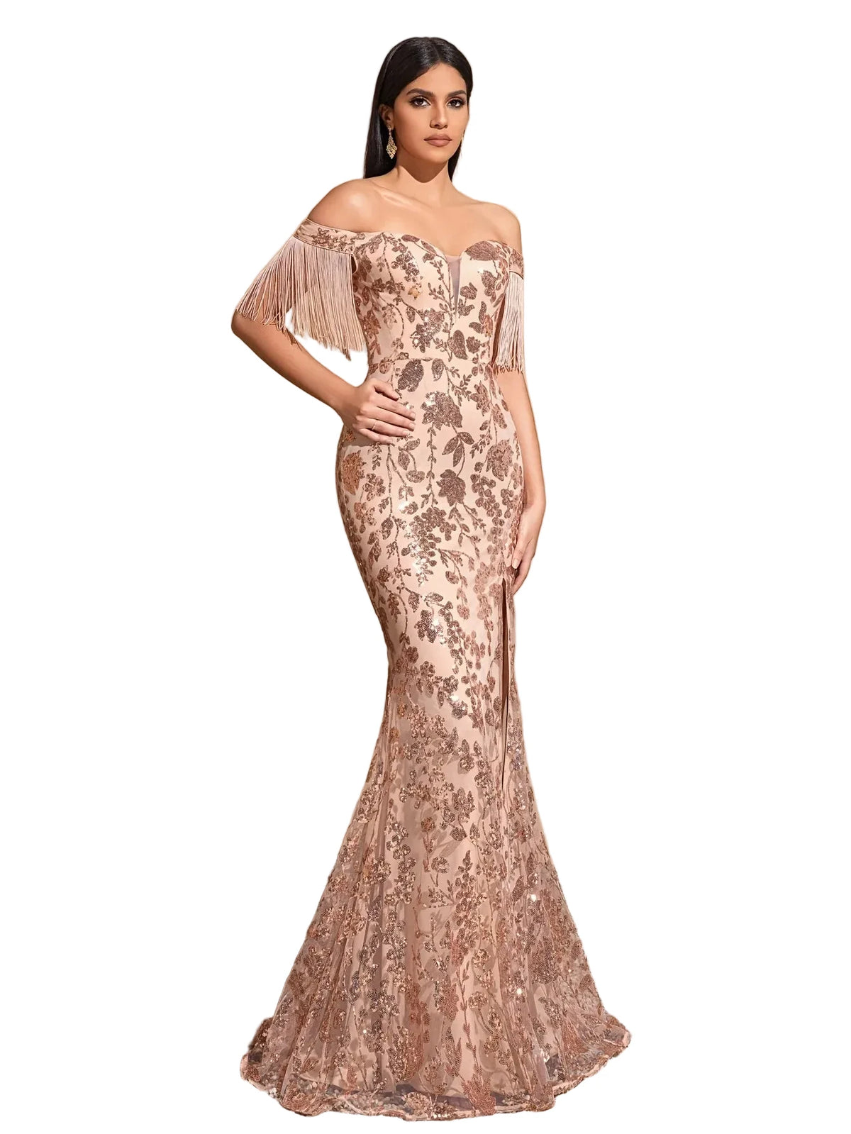 Sequined Off-Shoulder Slit Dress