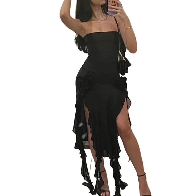 Elegant Strapless Ruffle Midi Dress