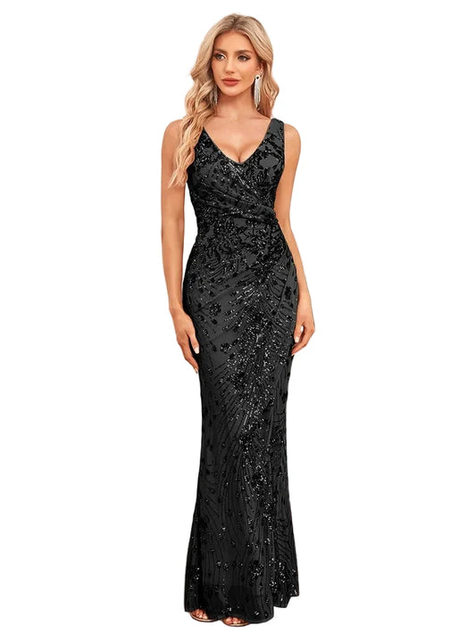 V-Neck Sequin Mermaid Evening Dress