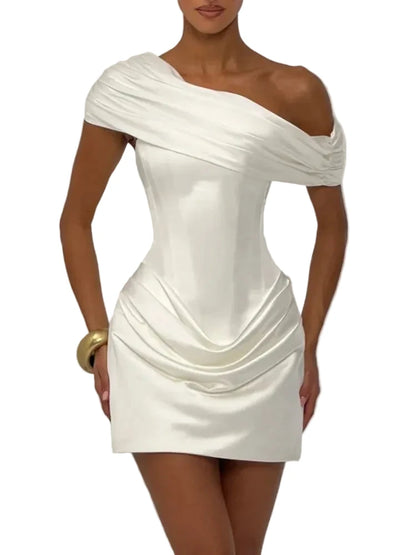 One-Shoulder Draped Satin Mini Dress