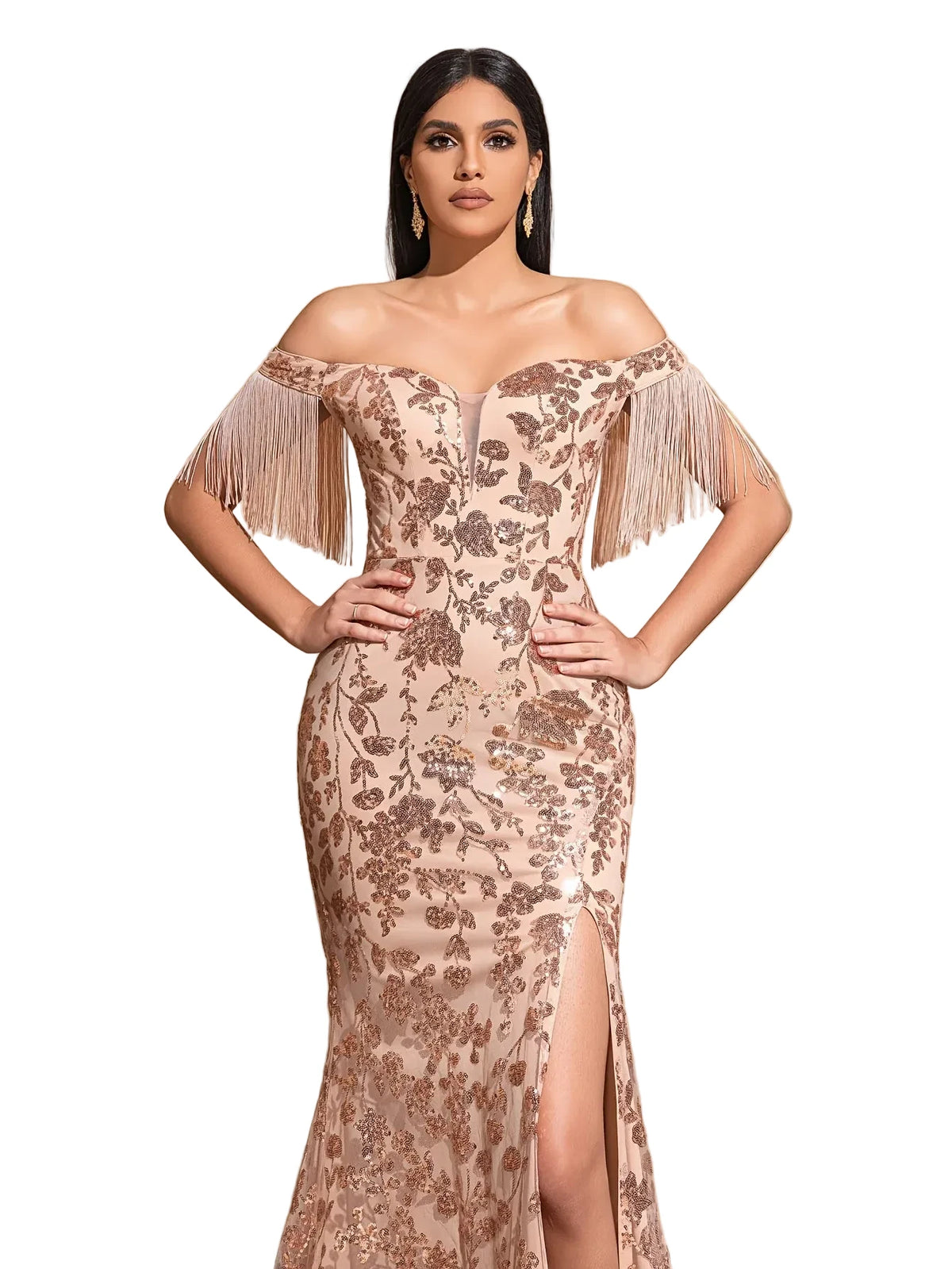 Sequined Off-Shoulder Slit Dress