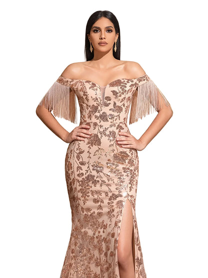Sequined Off-Shoulder Slit Dress