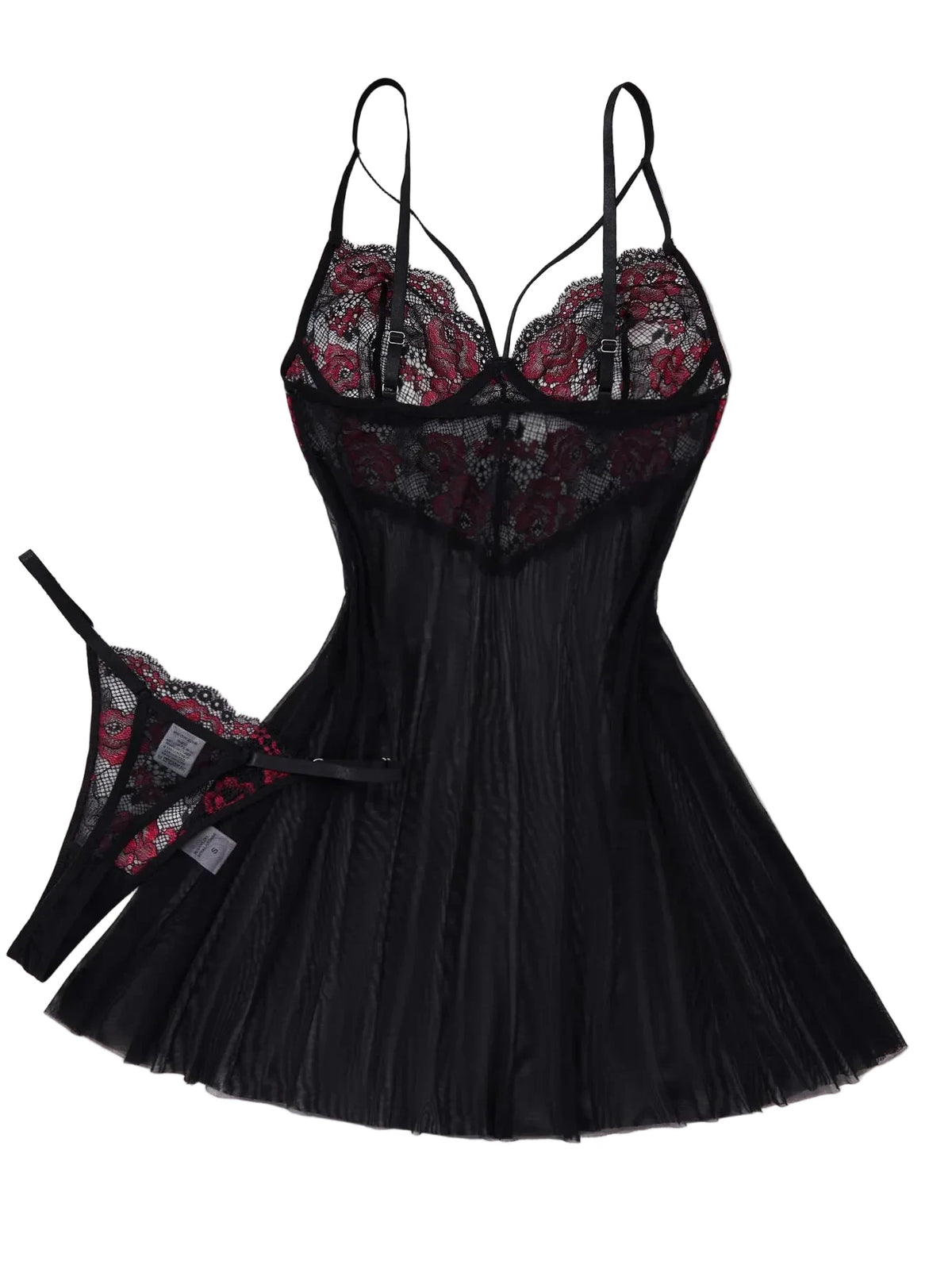 Rose Embroidery Mesh Lingerie Set