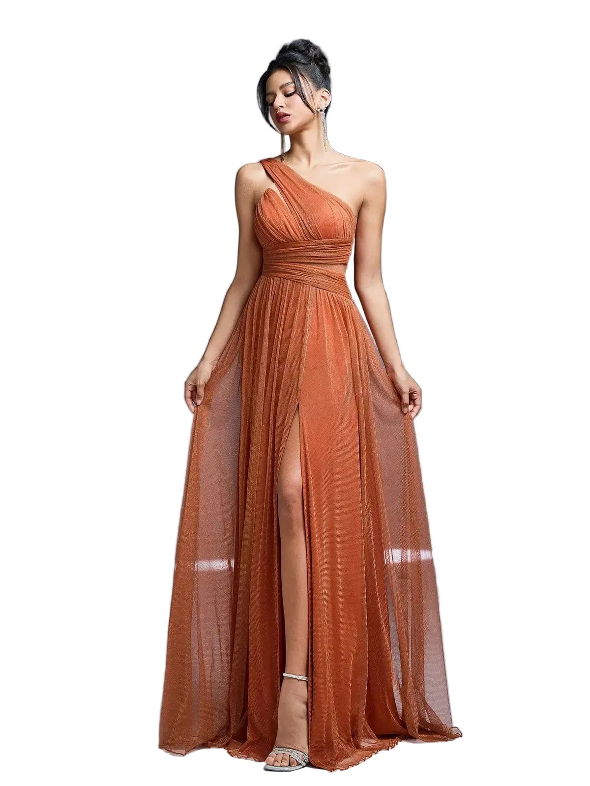 One Shoulder Ruched High Slit Bridesmaid Dress
