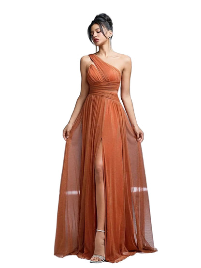 One Shoulder Ruched High Slit Bridesmaid Dress
