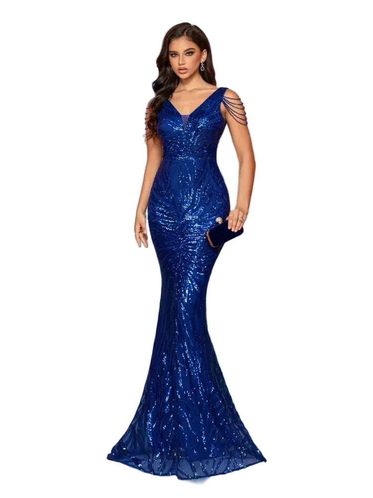V-Neck Sequin Mermaid Evening Dress