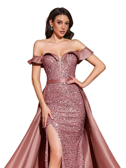 Sequined Off-Shoulder Gown