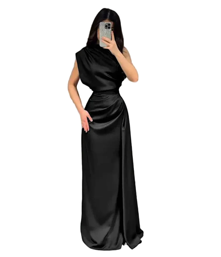 Satin One-Shoulder Ruched Maxi Dress