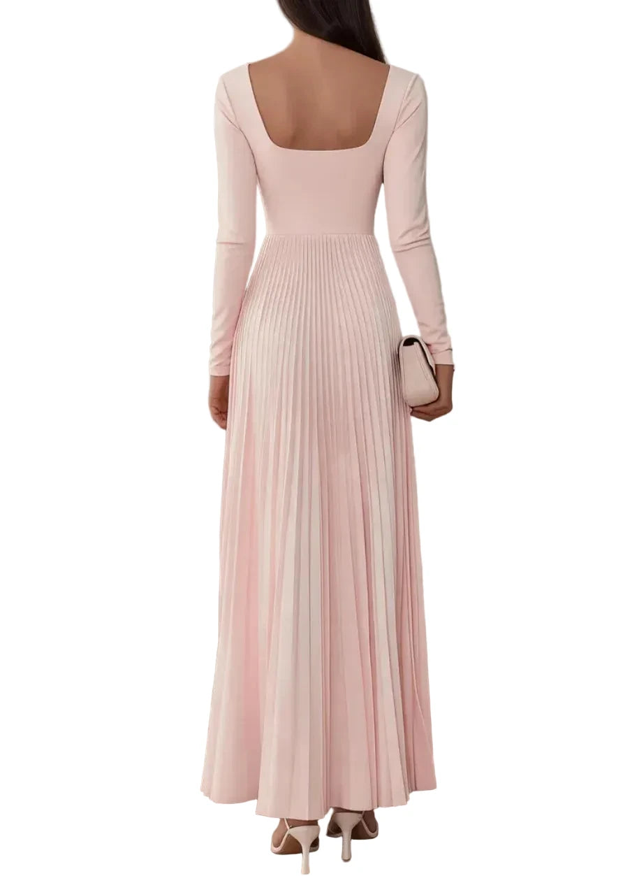 Square Neck Long Sleeve Pleated Maxi Dress