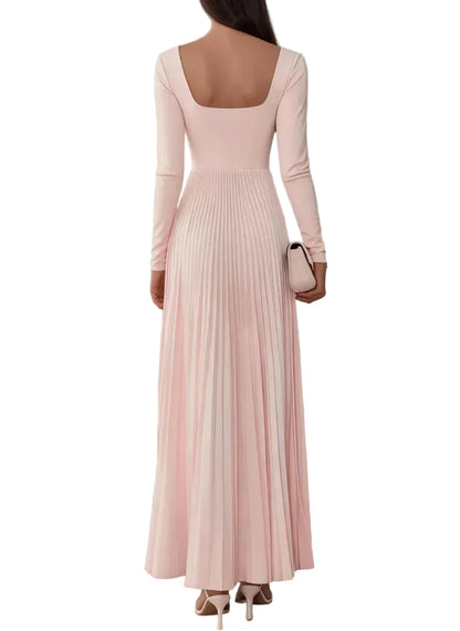 Square Neck Long Sleeve Pleated Maxi Dress