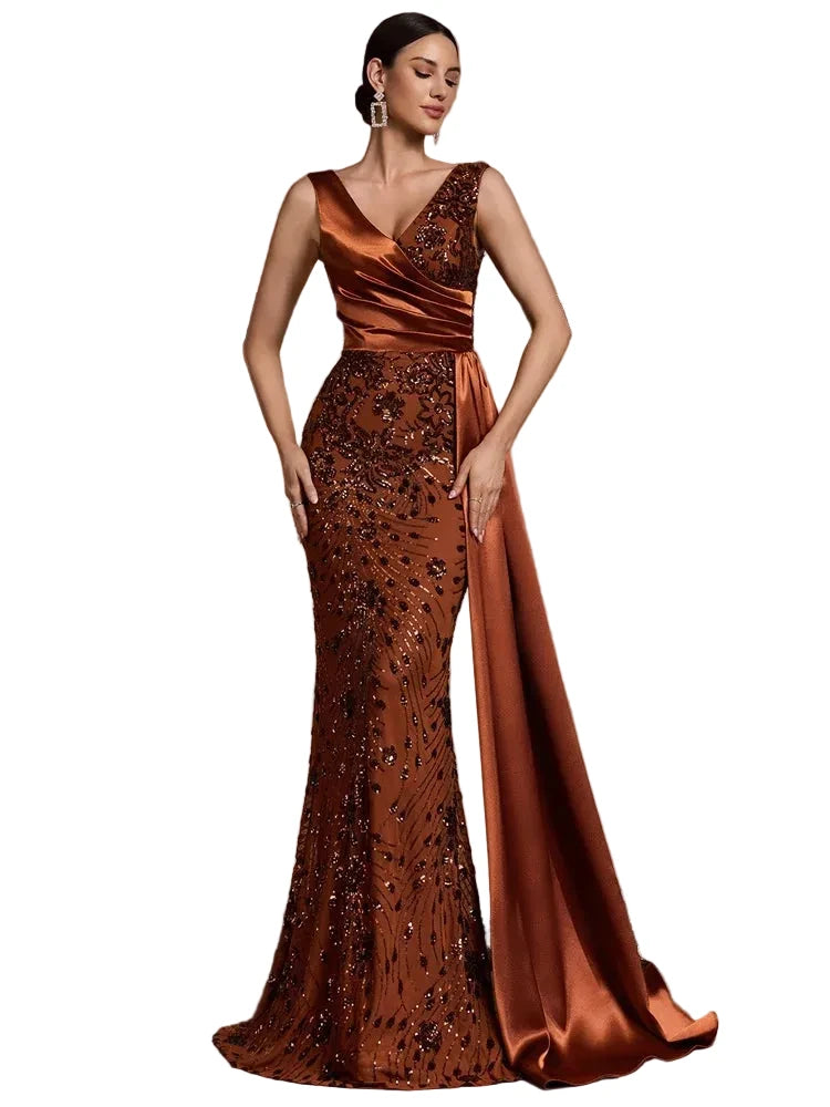 Elegant V-Neck Sequin Evening Dress