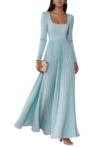 Square Neck Long Sleeve Pleated Maxi Dress