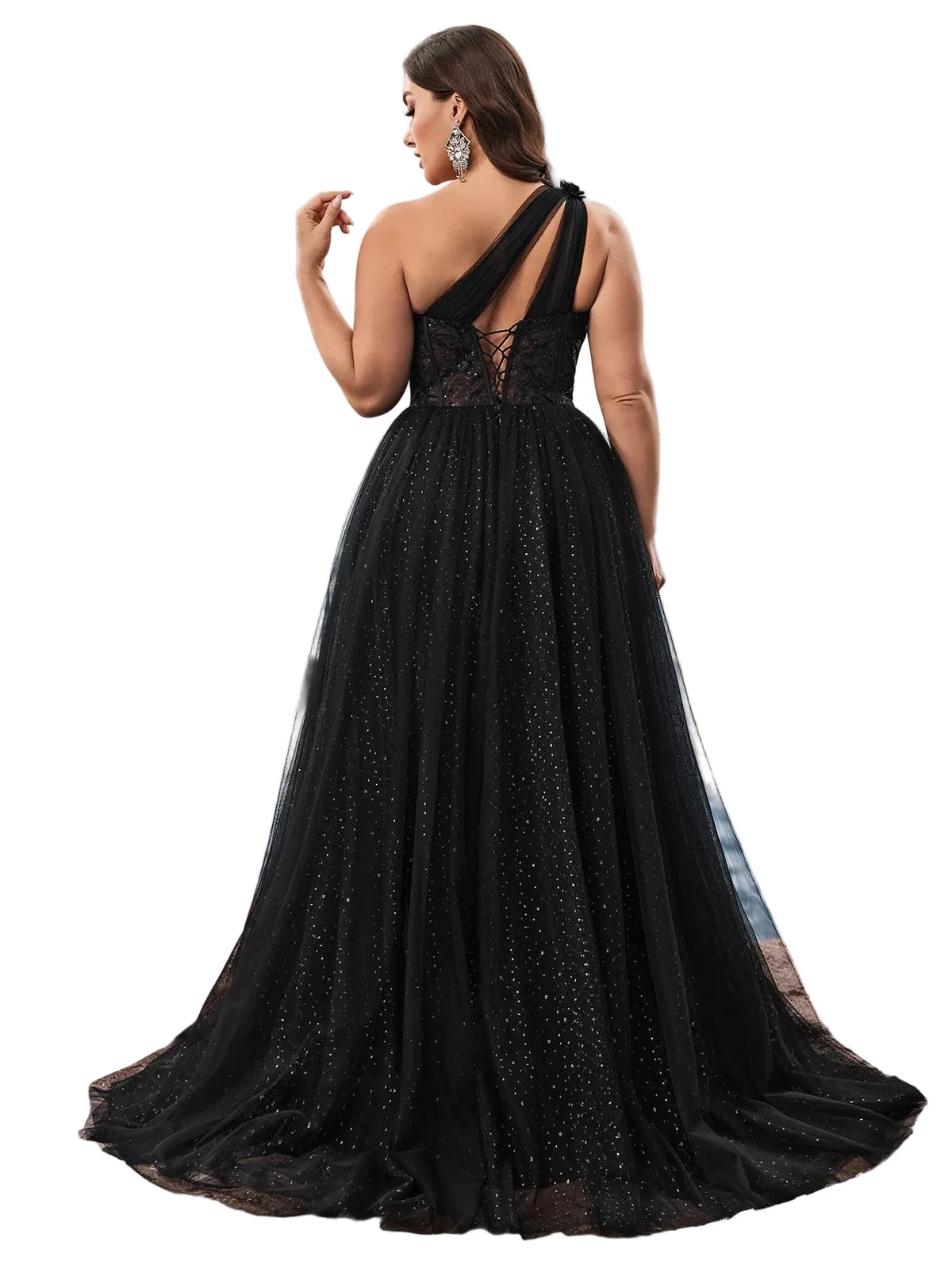 Plus Size One-Shoulder Tulle Evening Gown