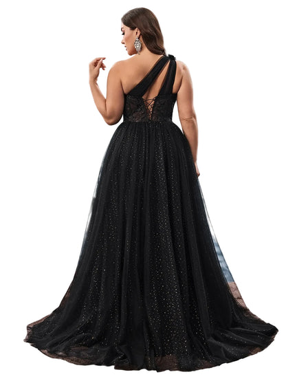 Plus Size One-Shoulder Tulle Evening Gown