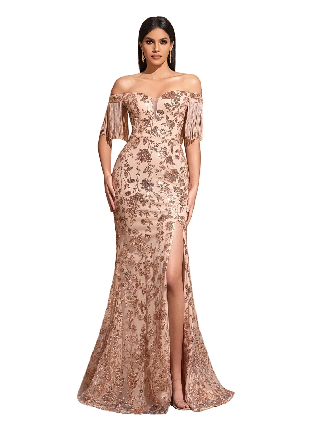 Sequined Off-Shoulder Slit Dress