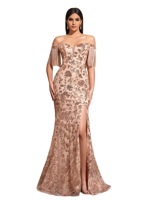 Sequined Off-Shoulder Slit Dress