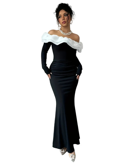 Black & White Off-Shoulder Long Sleeve Gown