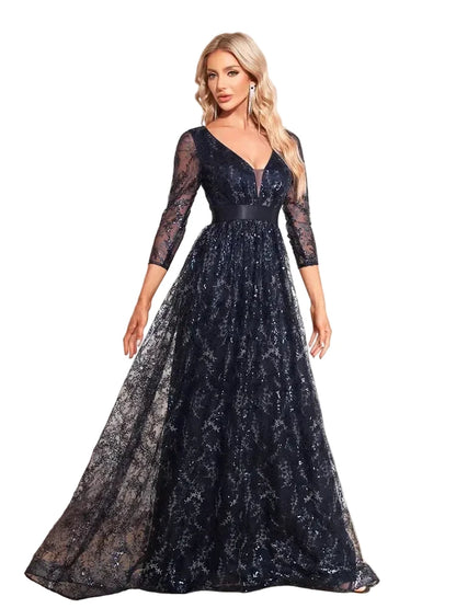 Luxury Floral Blue Evening Dress