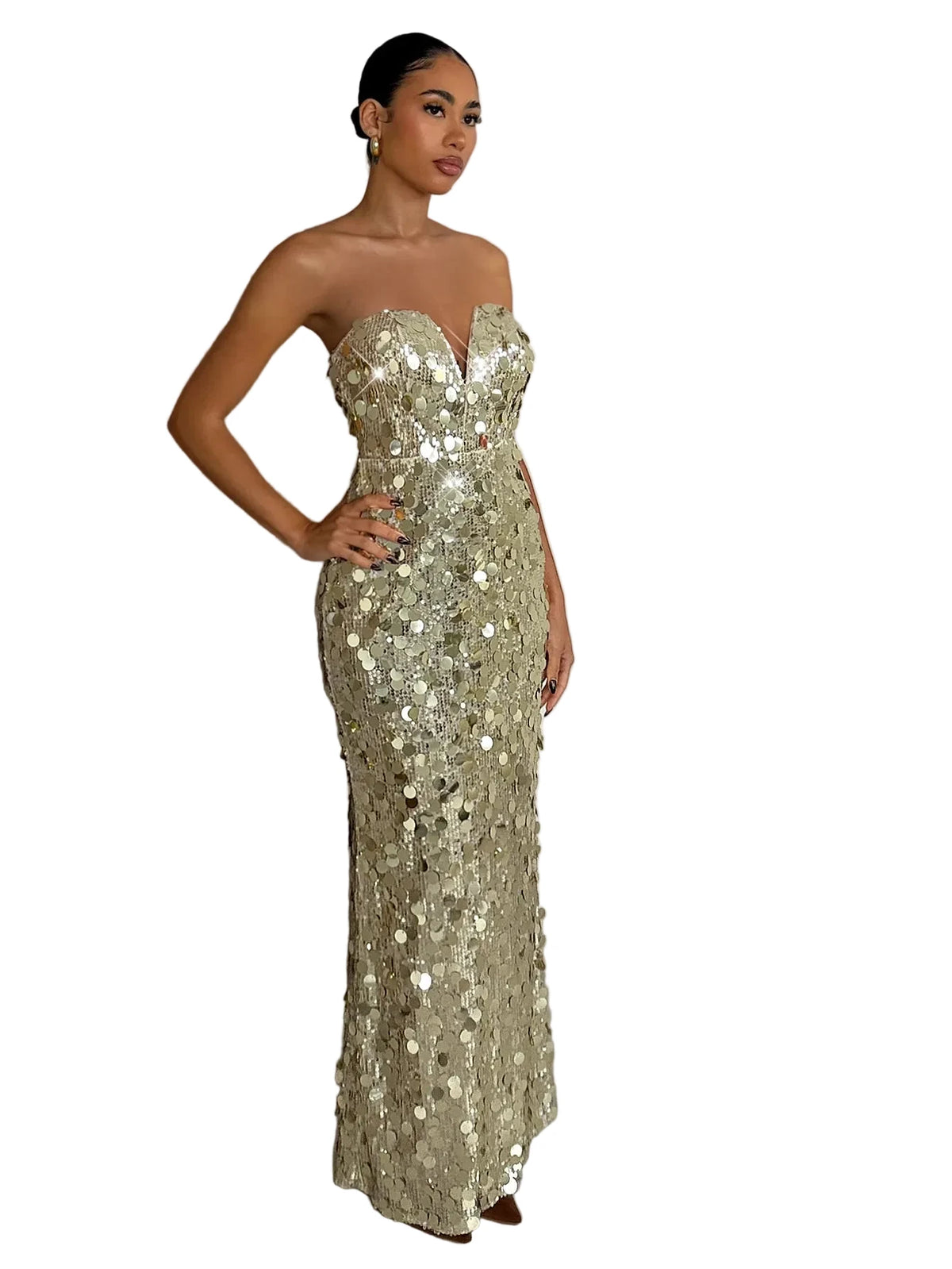 Strapless V-Neck Sequin Evening Gown