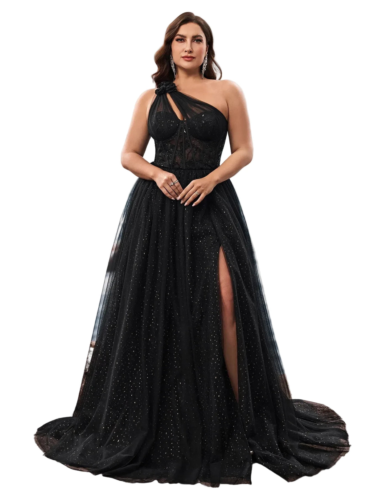 Plus Size One-Shoulder Tulle Evening Gown