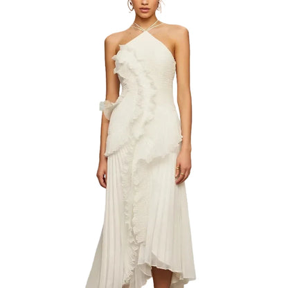 Pleated Halter Neck Ruffle Maxi Dress