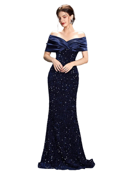 Off-Shoulder Sequin Velvet Mermaid Gown