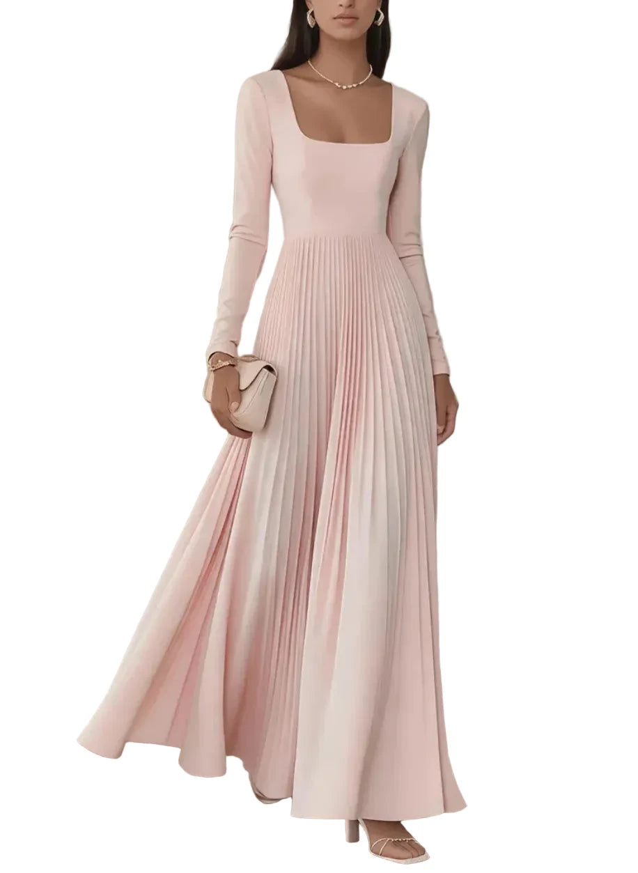 Square Neck Long Sleeve Pleated Maxi Dress