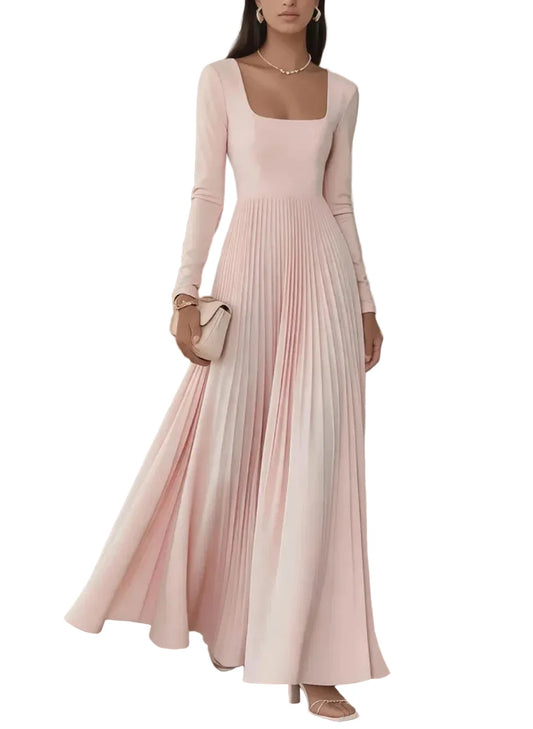 Square Neck Long Sleeve Pleated Maxi Dress