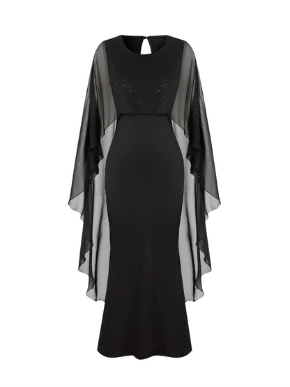 Black Chiffon Cape Mermaid Maxi Dress