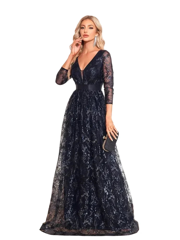 Luxury Floral Blue Evening Dress