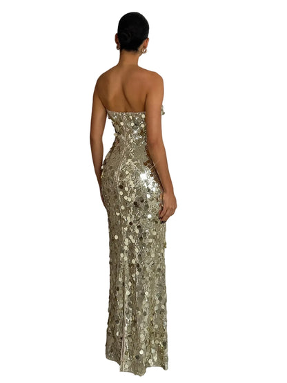 Strapless V-Neck Sequin Evening Gown