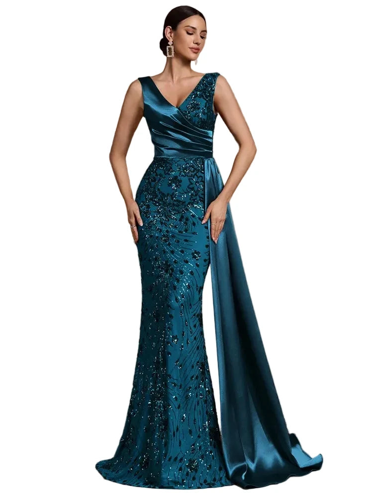 Elegant V-Neck Sequin Evening Dress