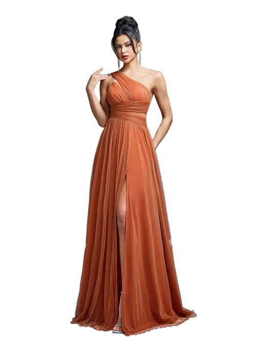 One Shoulder Ruched High Slit Bridesmaid Dress