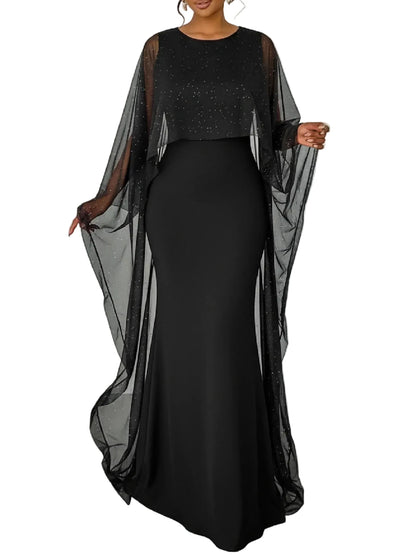 Black Chiffon Cape Mermaid Maxi Dress
