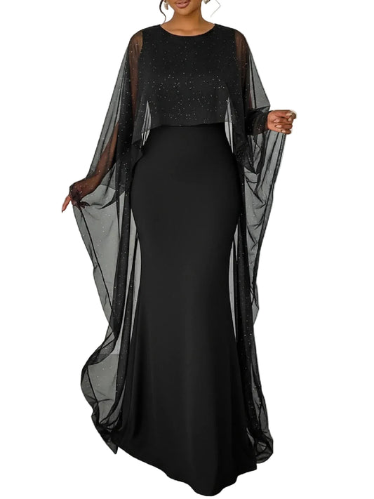 Black Chiffon Cape Mermaid Maxi Dress