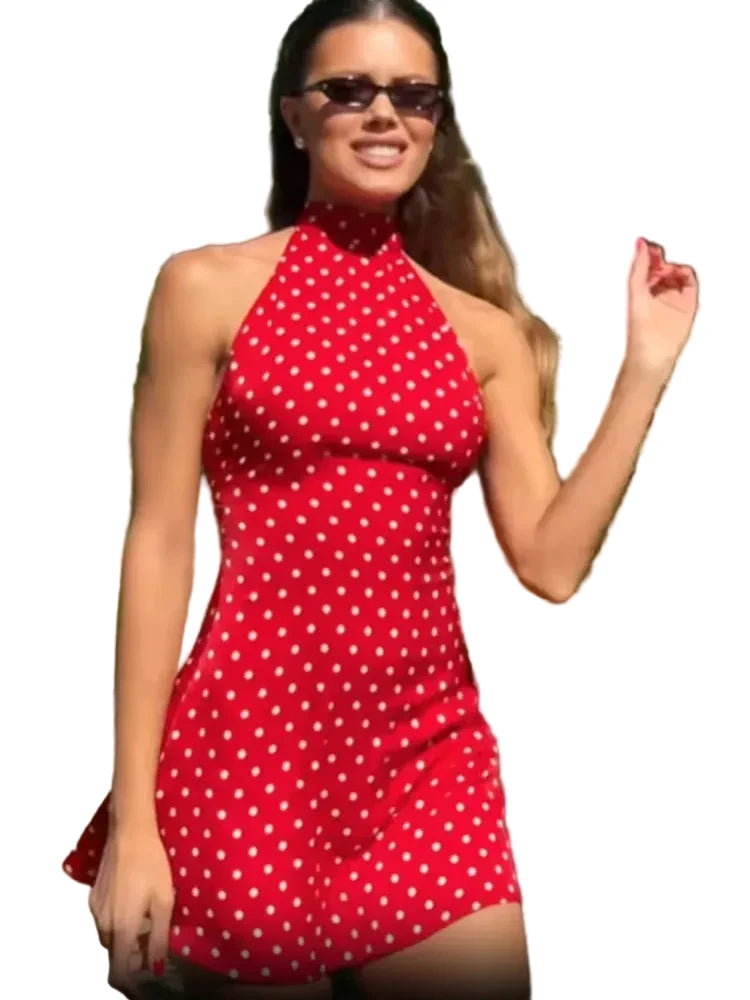 Polka Dot Halter Backless Mini Dress