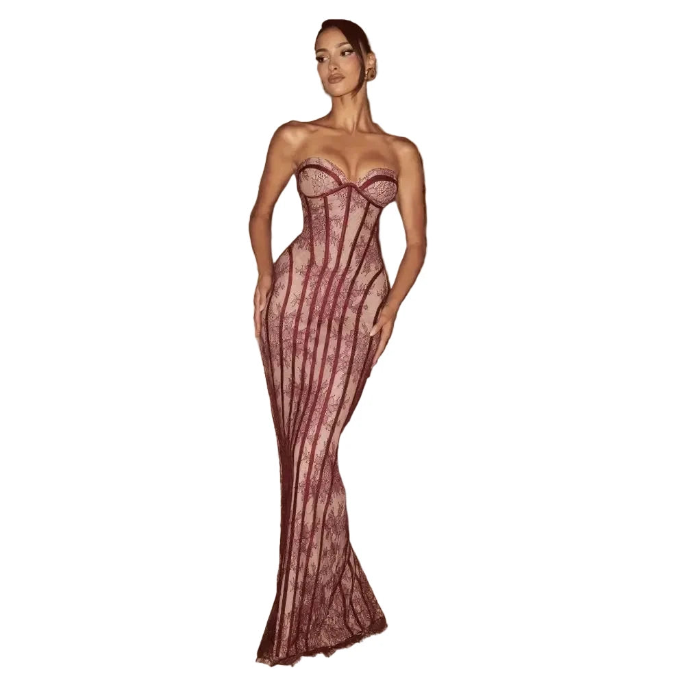 Elegant Strapless Lace Evening Dress