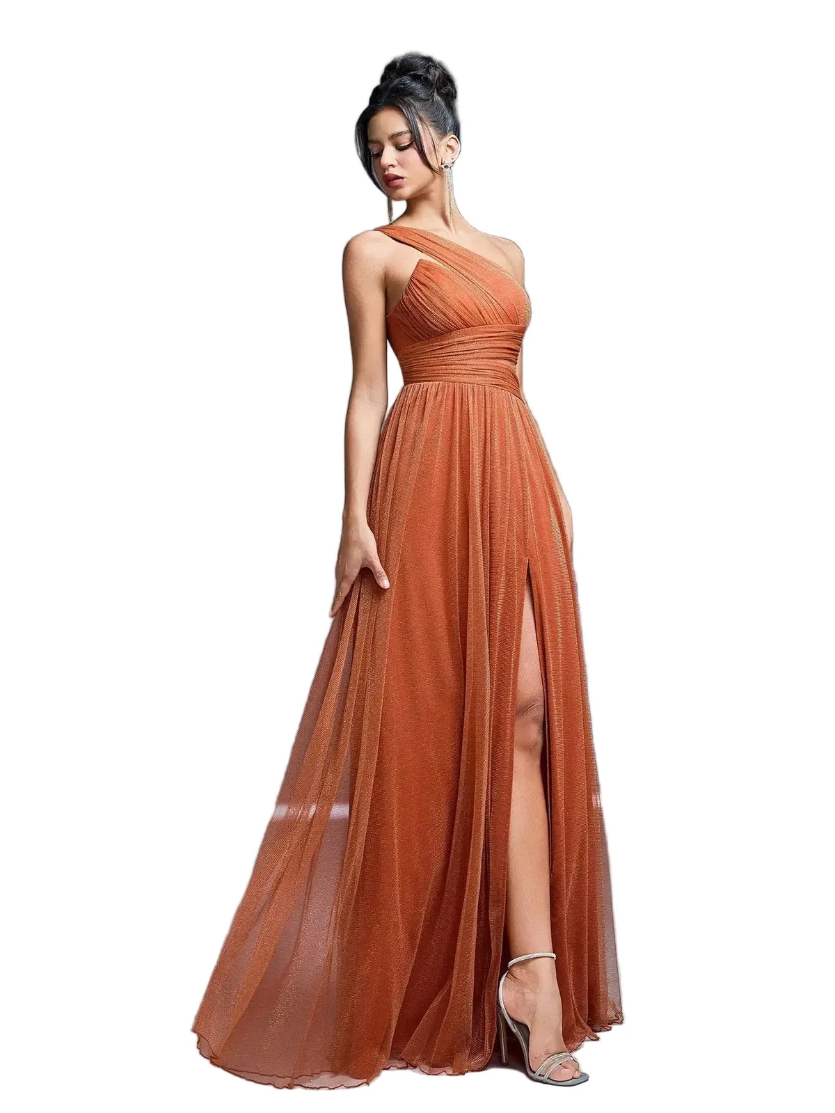 One Shoulder Ruched High Slit Bridesmaid Dress