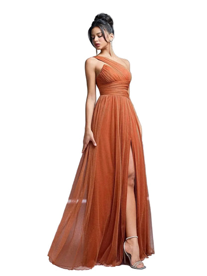 One Shoulder Ruched High Slit Bridesmaid Dress
