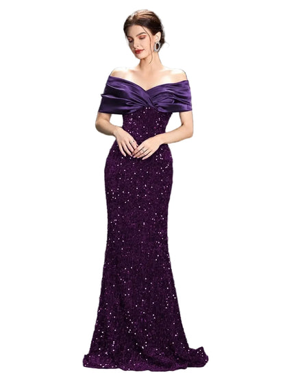 Off-Shoulder Sequin Velvet Mermaid Gown