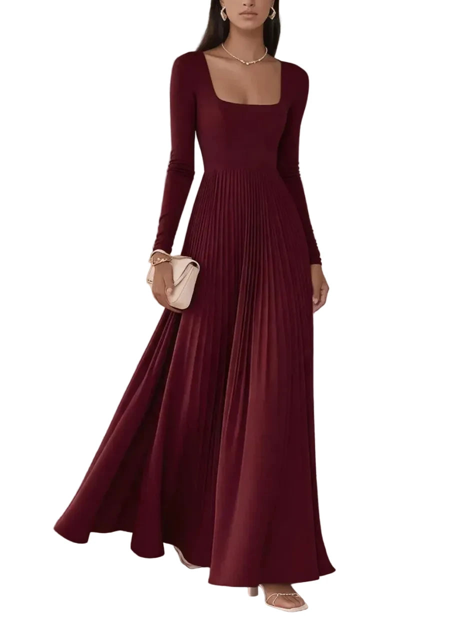 Square Neck Long Sleeve Pleated Maxi Dress