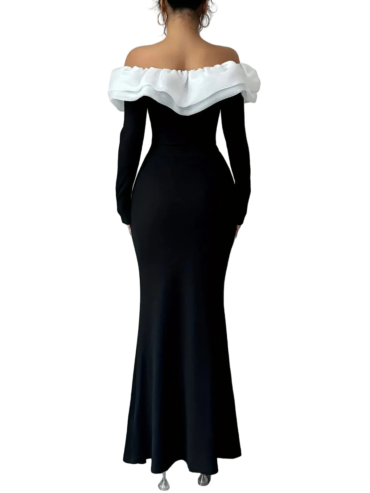 Black & White Off-Shoulder Long Sleeve Gown