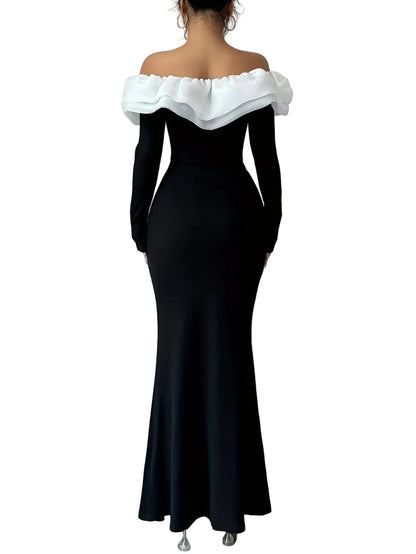 Black & White Off-Shoulder Long Sleeve Gown